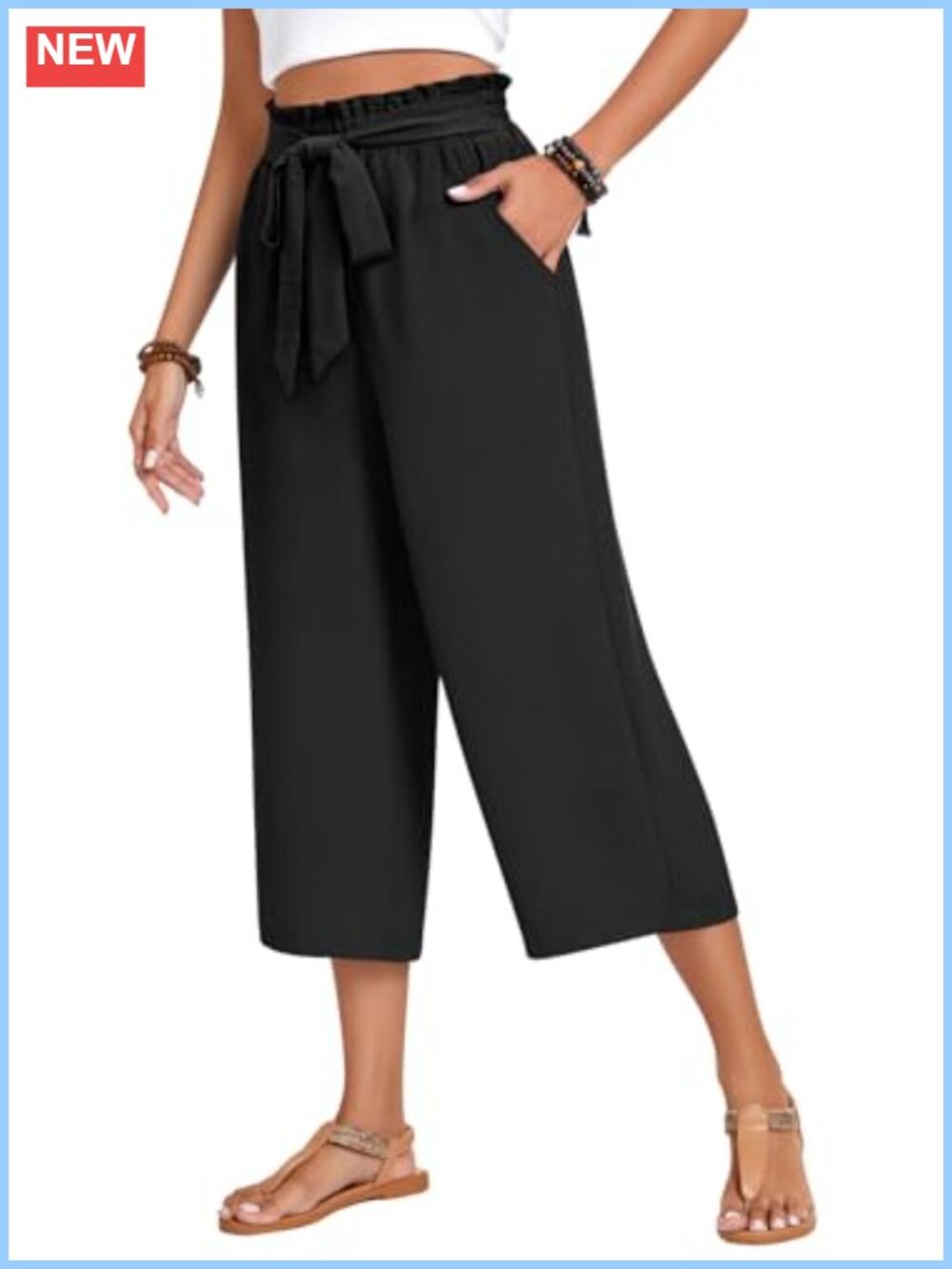 Plus Size Wide Leg Capri Pants High Waist Elastic Palazzo Trousers with Pockets